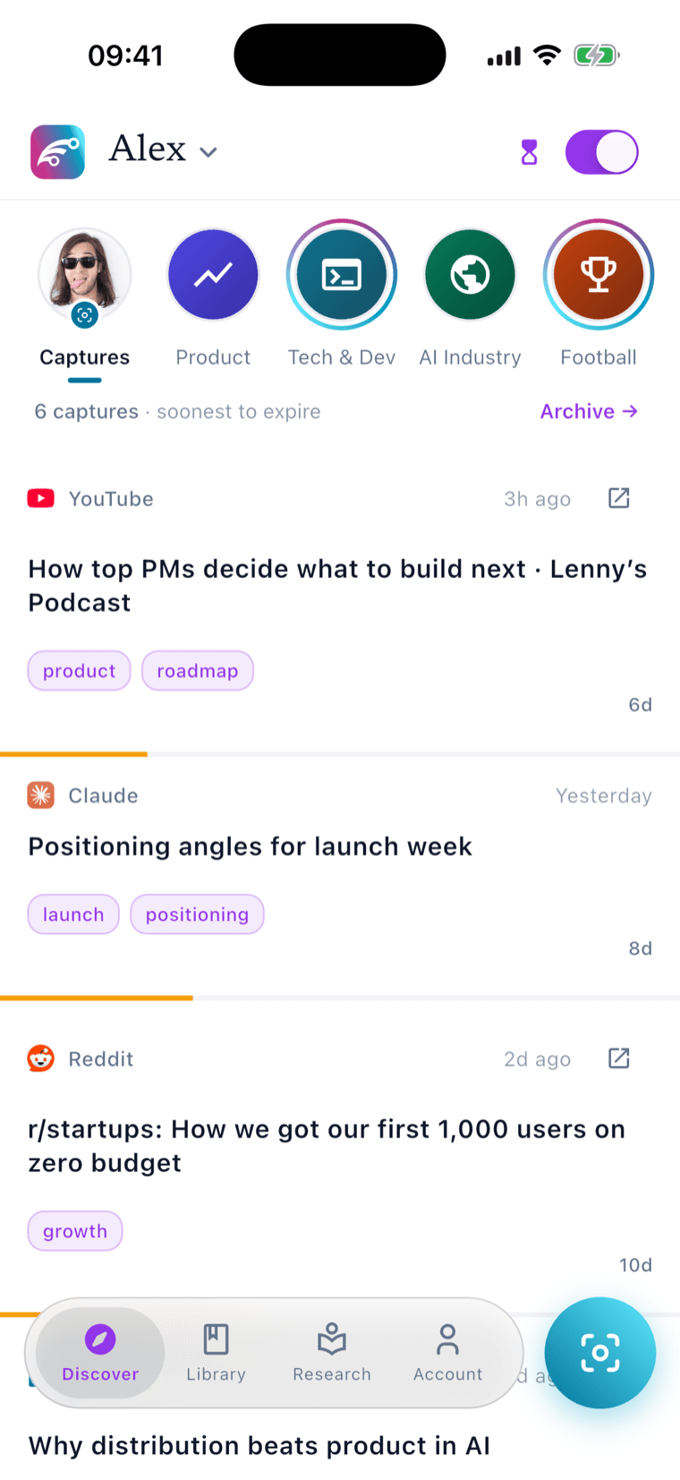 The MyInsider.AI app home feed with saved items from YouTube, an article, Claude, Reddit, and LinkedIn gathered in one place
