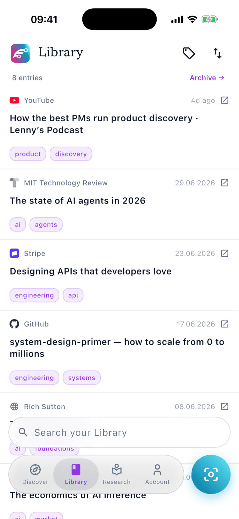 The MyInsider.AI Library — a curated shelf of kept sources across product, engineering, and AI